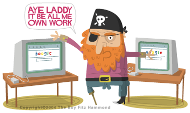 cartoon showing a pirate with a site that looks like Google saying it's all his own work