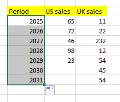 screenshot of Excel showing how the data column is filled