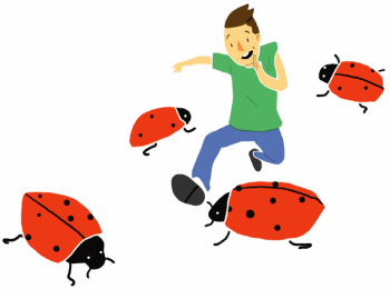 boy jumping over ladybirds