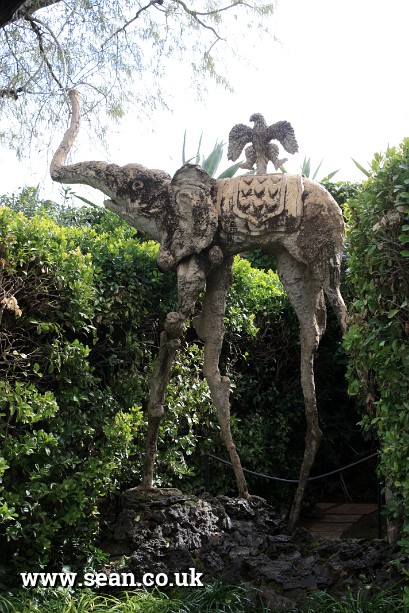 Photo of a Dali elephant sculpture in the Pubol Castle garden in Spain