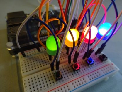 Four LEDs on a breadboard connected to a Raspberry Pi