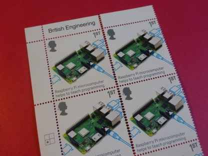 Four Royal Mail postage stamps with a Raspberry Pi image on them