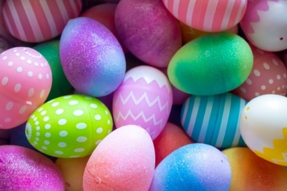 Brightly painted and patterned plastic eggs