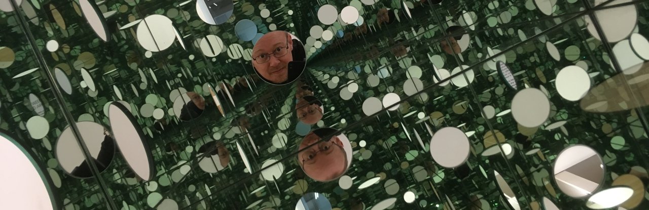 Photo of Sean's face lost in a hall of mirrors