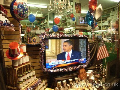 Grocery shop window decorated for Obama