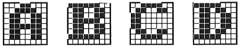 Images of the letters A, B, C, and D, each drawn on an 8x8 grid of pixels.