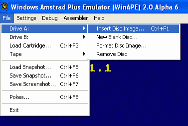 Screenshot showing Winape Insert Disc menu option