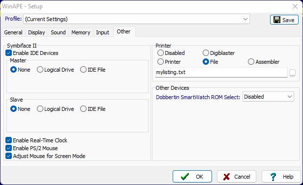 screengrab of the Winape printer settings