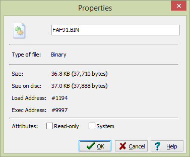 Screenshot of File Properties menu in Winape