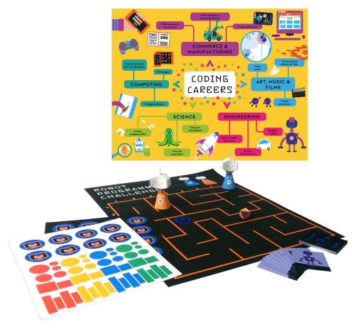 Photo of the Coder Academy board game, robots, poster, sticker sheet, and Coding Pairs cards