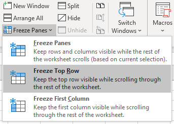 screenshot of Excel showing the Freeze Panes options