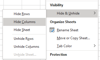 screenshot of Excel showing the Hide and Unhide options