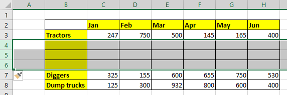 screenshot of Excel showing the result after inserting multiple rows