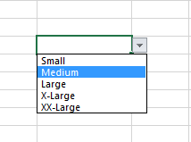 screenshot of Excel showing the pulldown validation menu in a spreadsheet