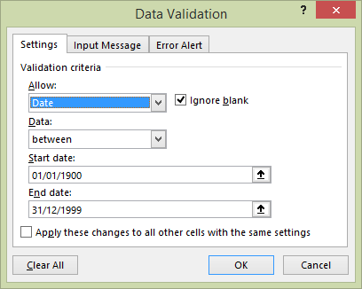 screenshot of Excel showing the Data Validation options