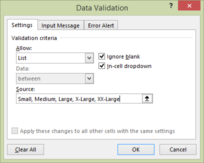 screenshot of Excel showing the Data Validation options