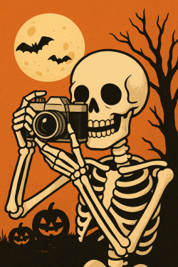Photo of skeleton holding a camera