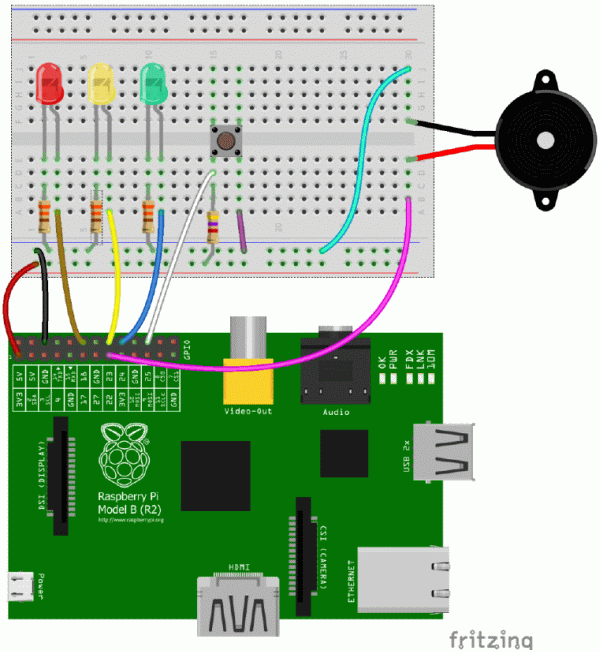 Circuit diagram showing LEDs, button and buzzer connected to Pi