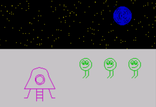 Screengrab of three aliens eagerly looking towards a lunar lander on the moon, but drawn using ZX Spectrum BASIC commands