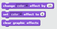 change color effect by 25 / set color effect to 0 / clear graphic effects