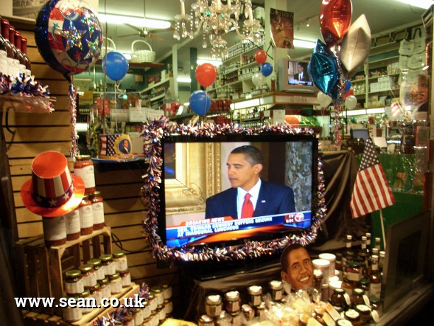 Photo of a window decorated for Obama's inauguration in Boston, USA