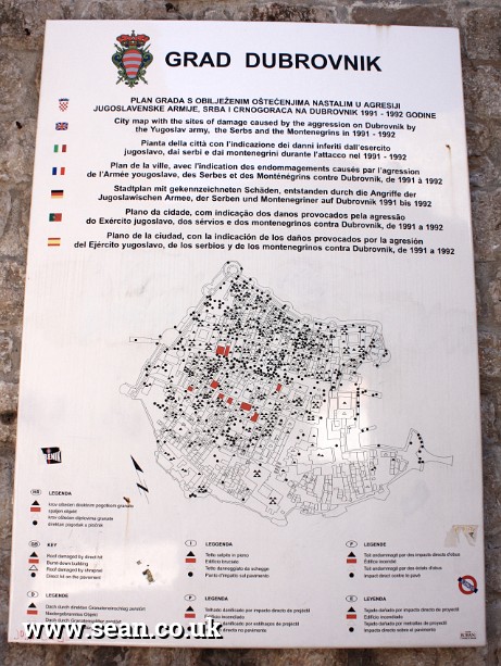 Photo of map showing bomb damage in Dubrovnik