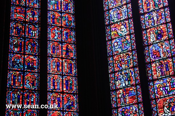 Photo of stained glass windows in Amiens Cathedral in France