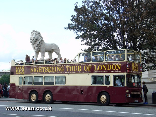 Photo of a stone lion on a tourist bus in London, UK