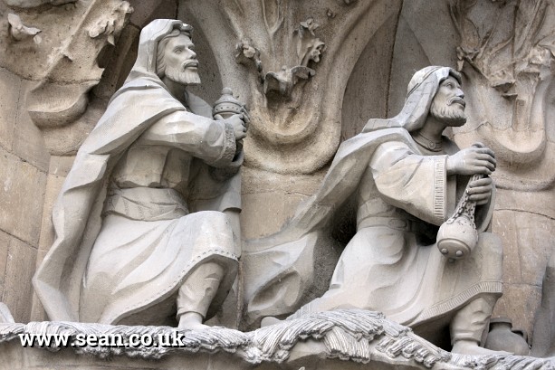 Photo of figures in the Nativity Facade, Sagrada Familia in Spain
