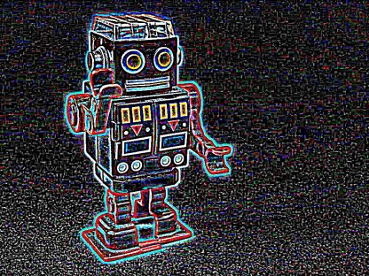 A highly processed image of a toy robot, outlined as if with neon coloured pens.