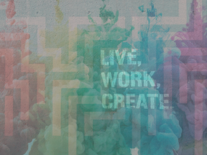 Composite image with the words Live, Work, Create on a background of maze-like street art and colourful ink plumes in water.