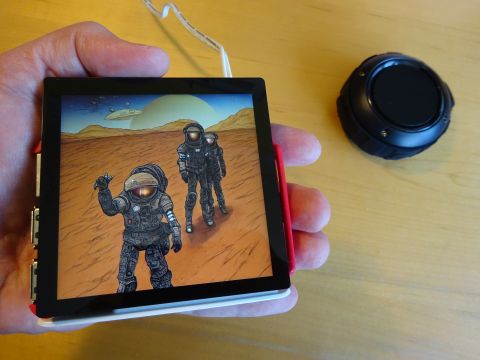 Bedtime Stories: handheld screen showing an AI generated image of an astronaut