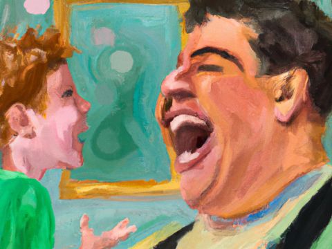 A computer-generated image of a man laughing with his son