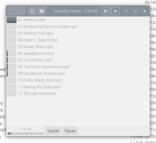 Soundconverter main window showing list of files.