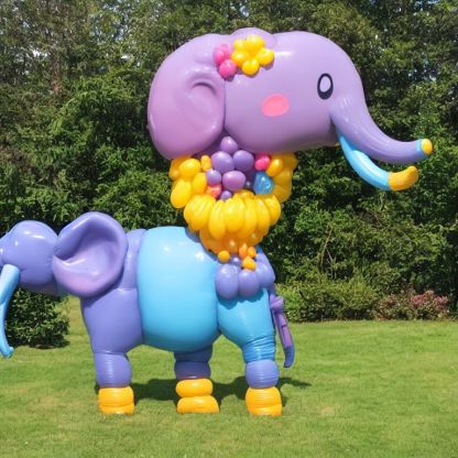 A photorealistic image of a giant balloon elephant, with two heads and part of it spilling out of the frame.