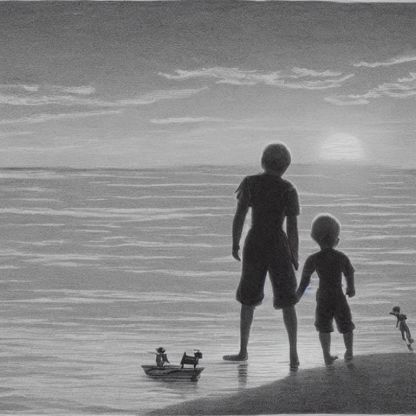 A black and white pencil drawing of two children paddling at the edge of the sea, with what looks like a toy boat nearby but is probably just a badly scaled image.