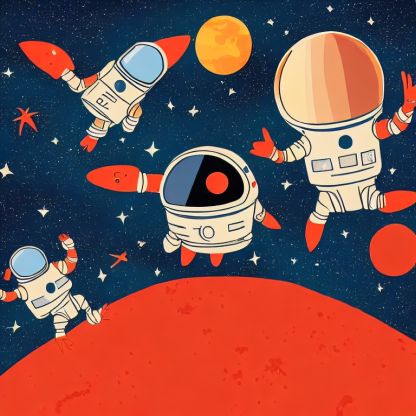 A colourful illustration of astronauts and rocket ships floating around a red planet that occupies the bottom third of the frame.
