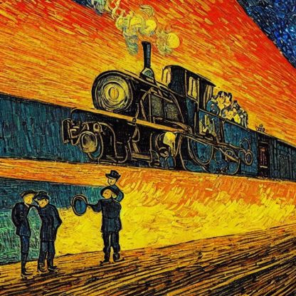 A fiery painting of a steam train in the style of Van Gogh, with red and yellow blazing along its path.