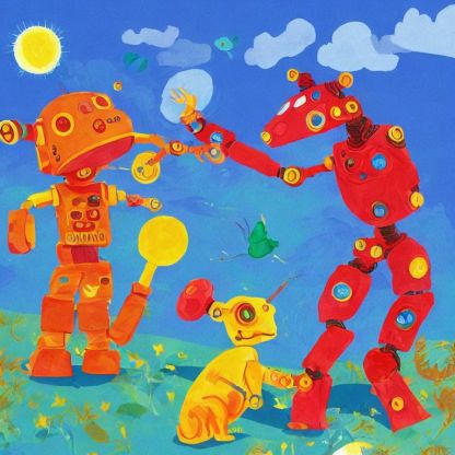 A colourful picture of three robots, two humanoid and one a dog. This would look good in a preschool children's book.