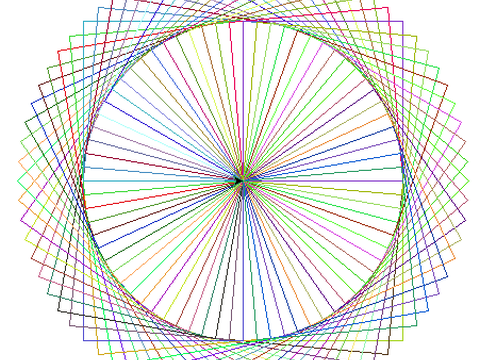 Image of overlapping squares making a circular shape, made with Python turtle.