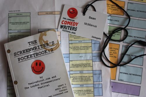 collage of my pass, brochure and agenda from the Comedy Writers Festival 2011